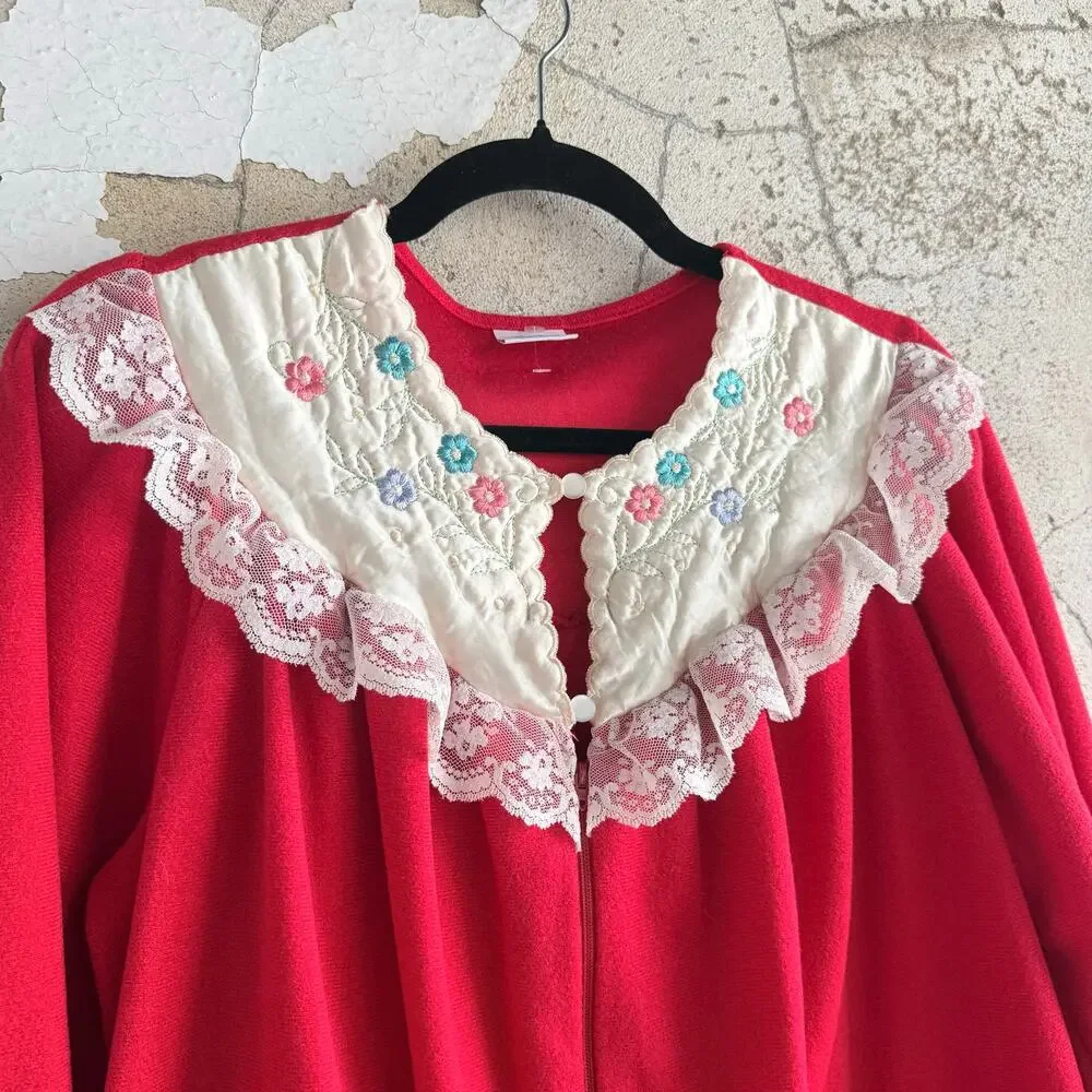 Vtg Housecoat Lace Embroidered Red Maxi Nightgown USA Women L Prairie Loungewear